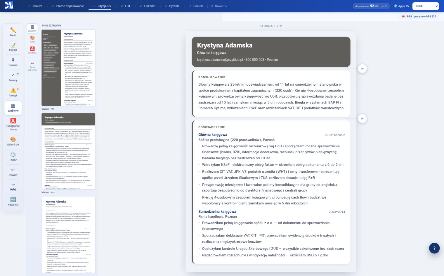 Podgląd CV na cały ekran z paskami wyboru szablonu, koloru i czcionki