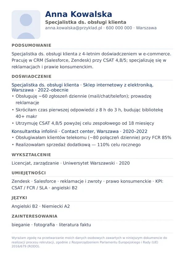 Szablon CV Compact — zwarty — dużo treści na stronie