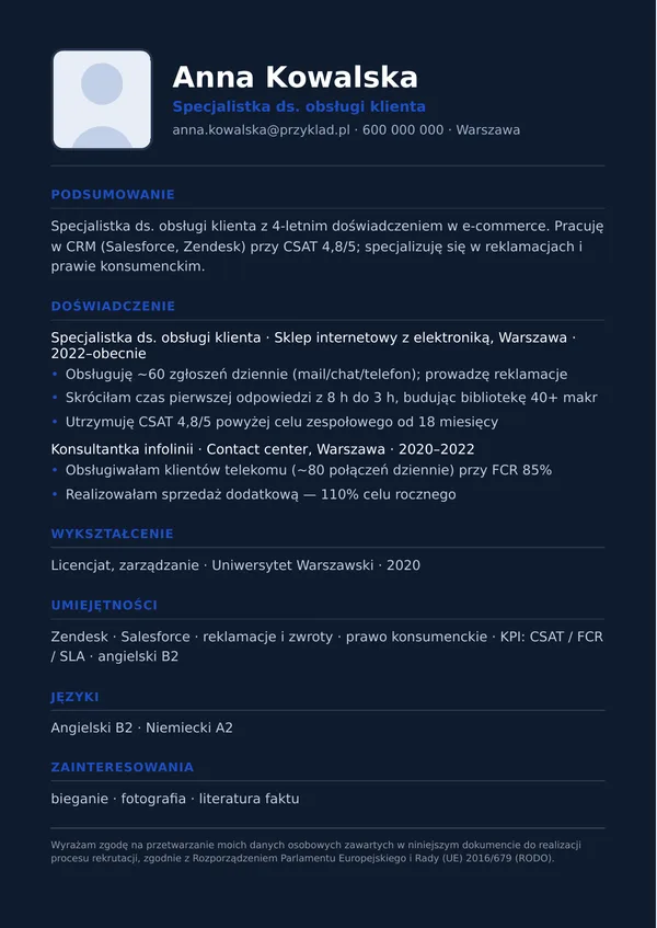 Szablon CV Dark Mode — ciemne tło, mocny kontrast