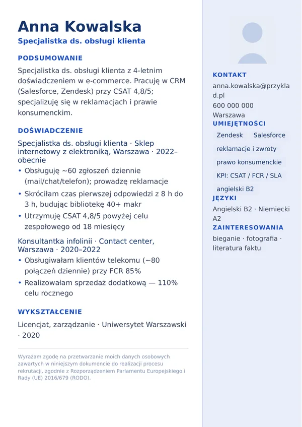 Szablon CV Sidebar — kolumna boczna