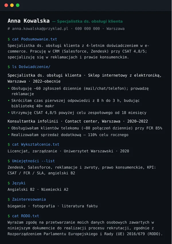 Szablon CV Tech / Terminal — styl terminala / IT