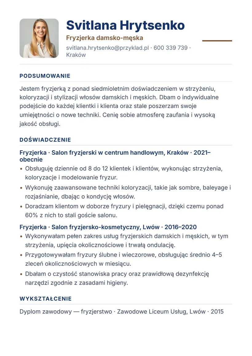 Зразок CV польською — Перукар — сторінка 1