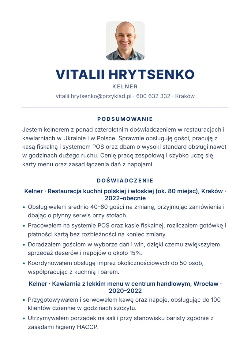 Зразок CV польською — Офіціант — сторінка 1