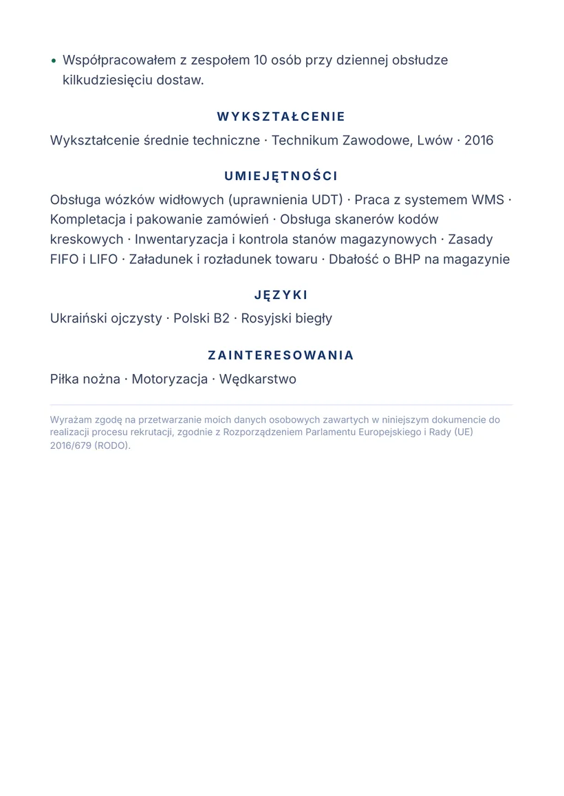 Зразок CV польською — Комірник / працівник складу — сторінка 2