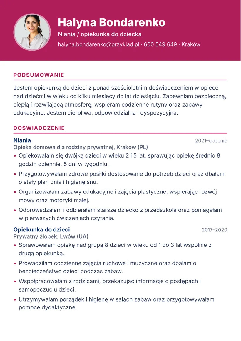 Зразок CV польською — Няня — сторінка 1