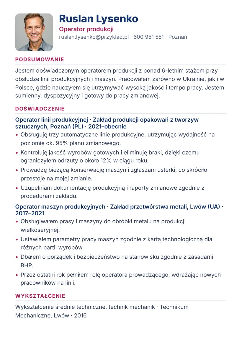 Зразок CV польською — Оператор виробництва — сторінка 1