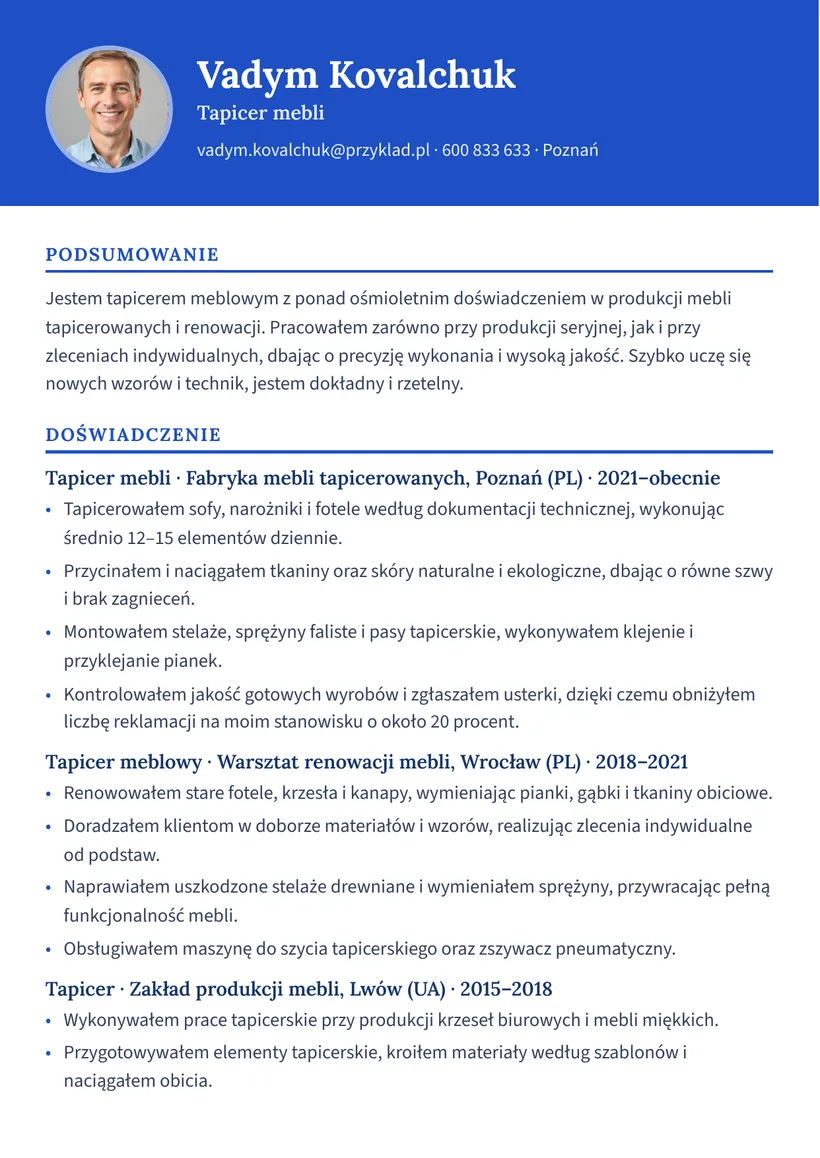 Зразок CV польською — Оббивальник меблів — сторінка 1