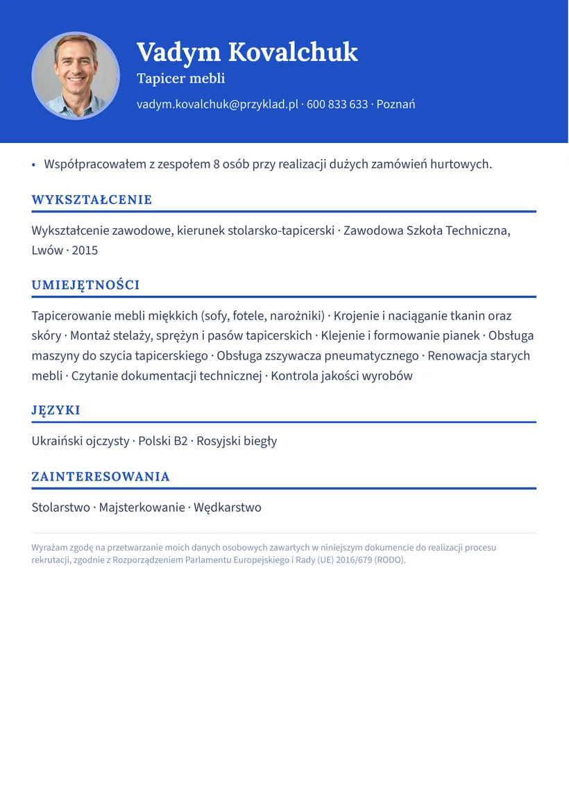 Зразок CV польською — Оббивальник меблів — сторінка 2