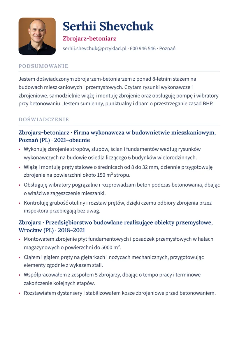 Зразок CV польською — Арматурник-бетонник — сторінка 1