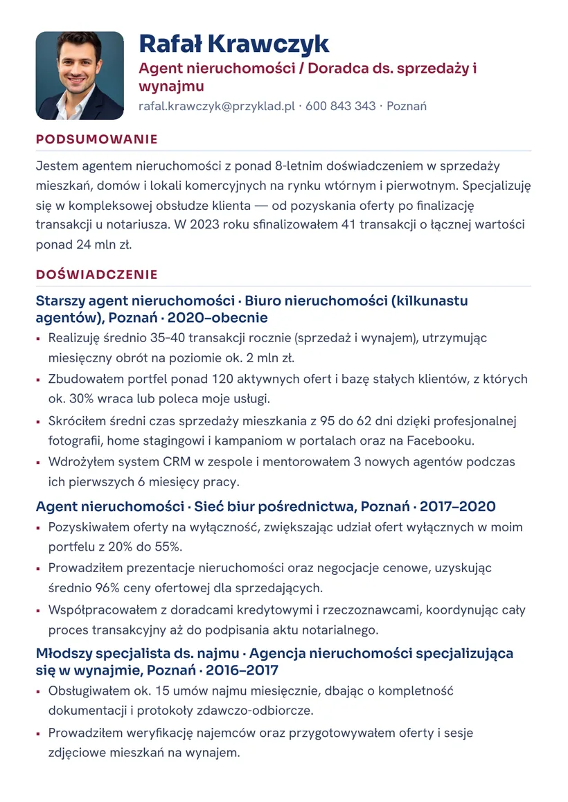 Wzór CV — Agent nieruchomości — strona 1