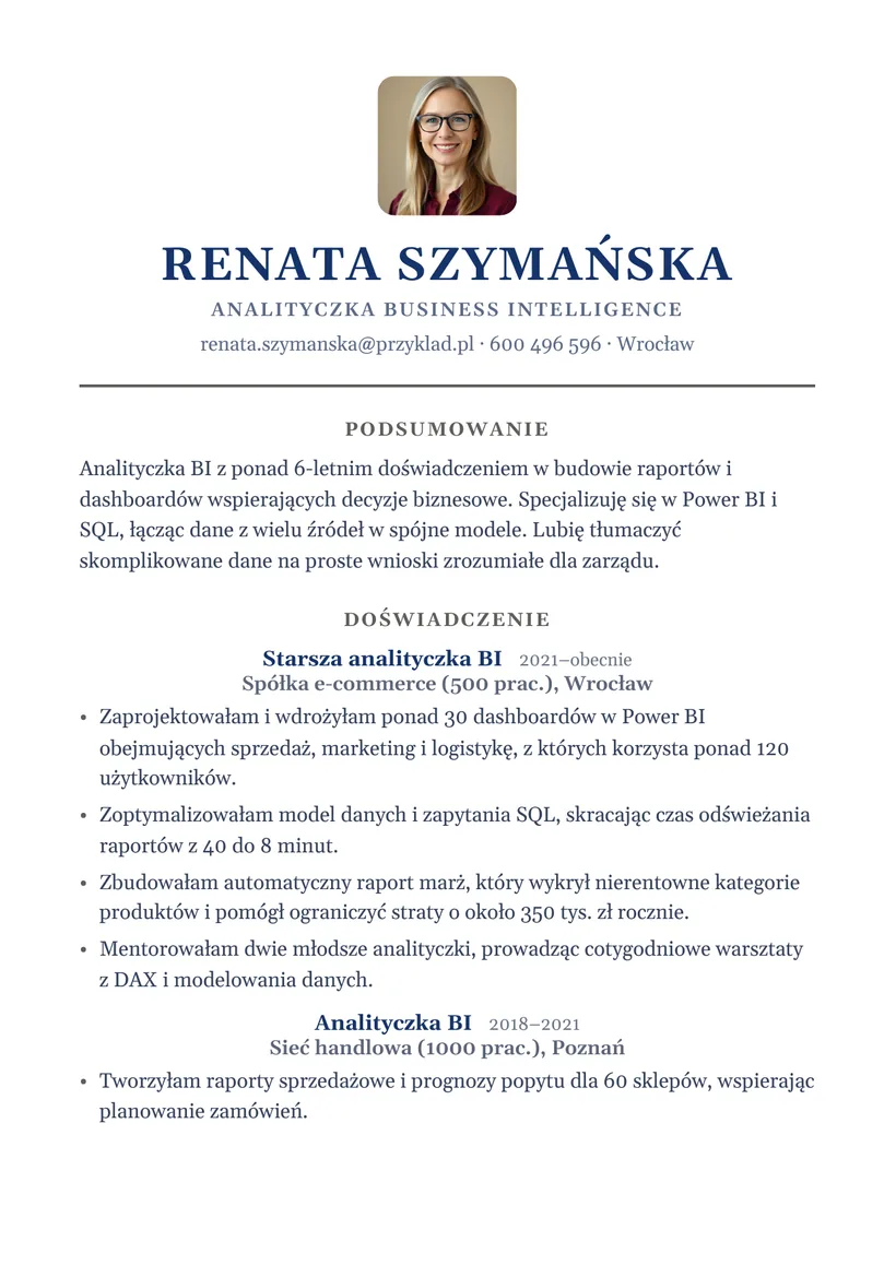 Wzór CV — Analityk BI — strona 1