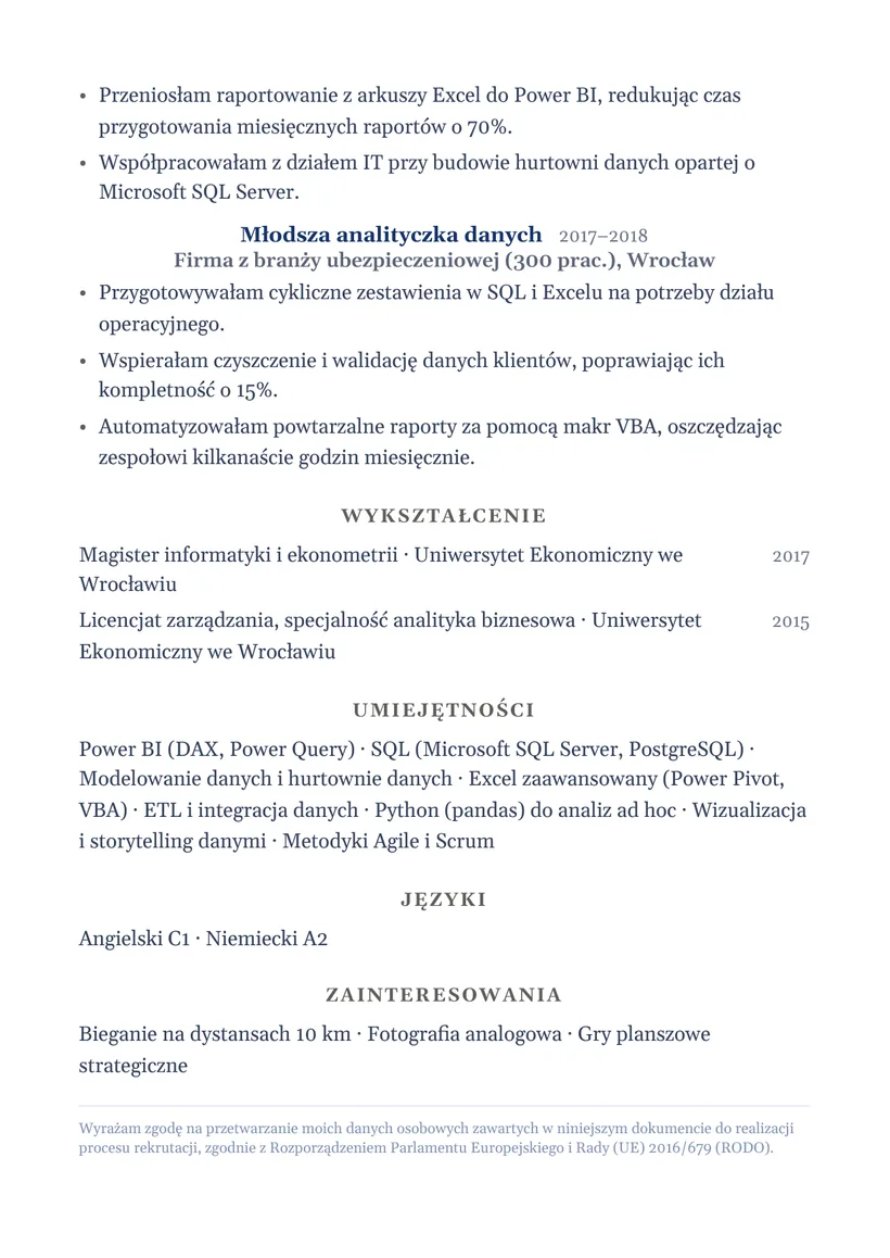 Wzór CV — Analityk BI — strona 2