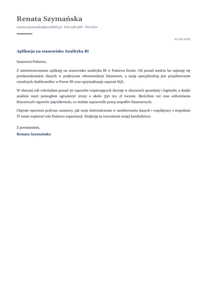 Wzór listu motywacyjnego — Analityk BI