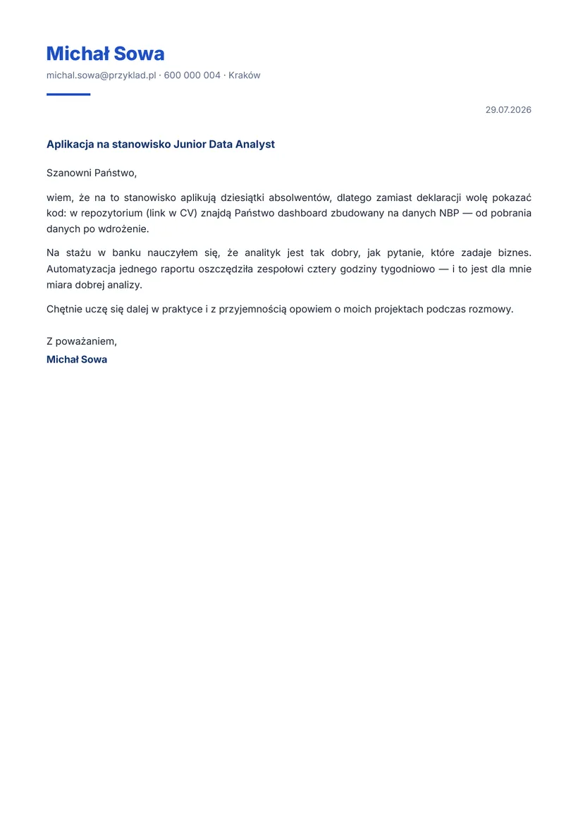 Wzór listu motywacyjnego — Junior Data Analyst (absolwent)