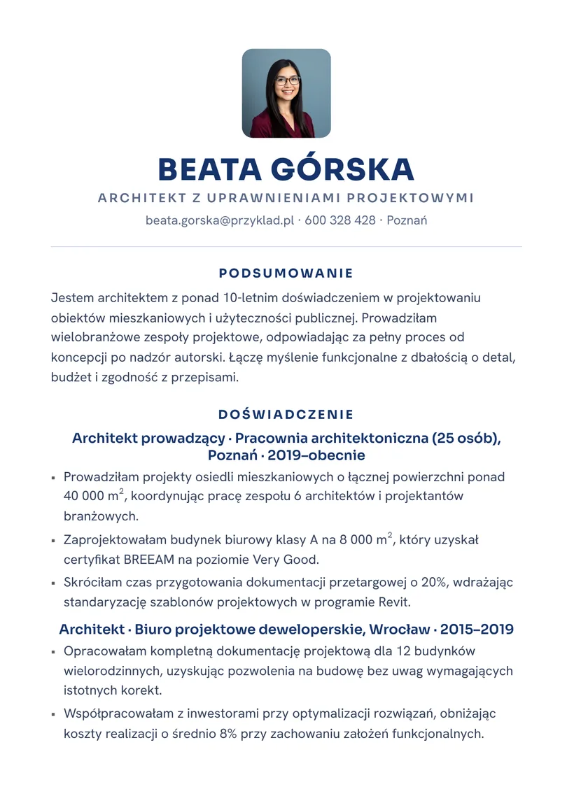 Wzór CV — Architekt — strona 1
