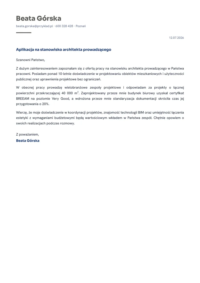 Wzór listu motywacyjnego — Architekt