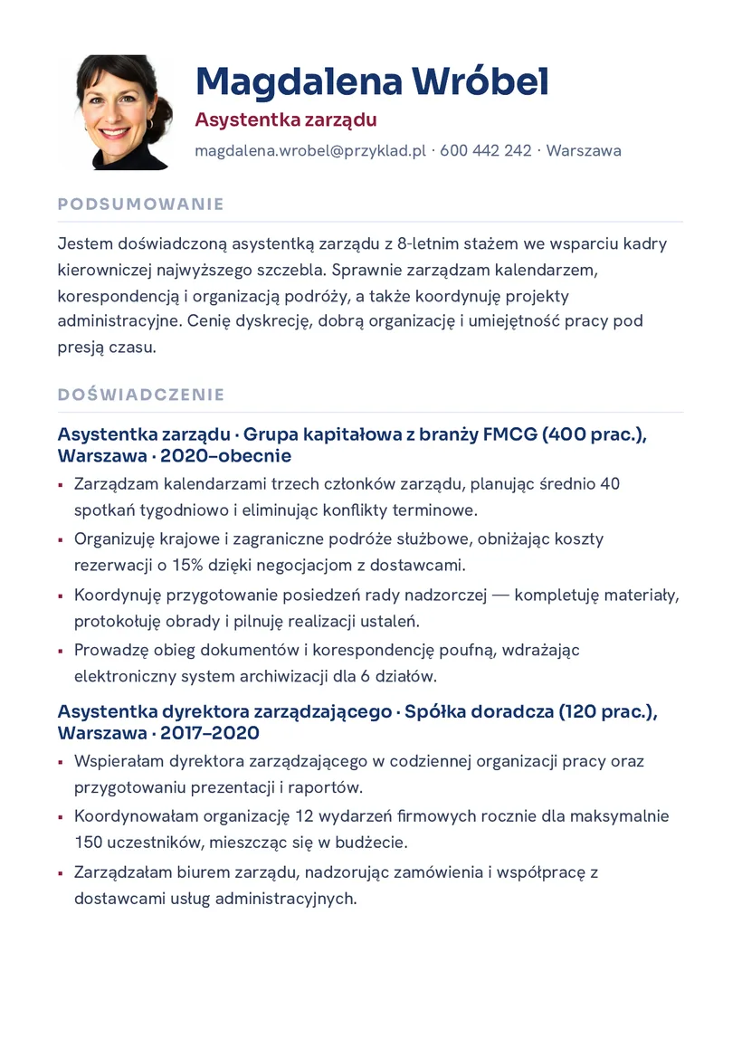 Wzór CV — Asystentka zarządu — strona 1