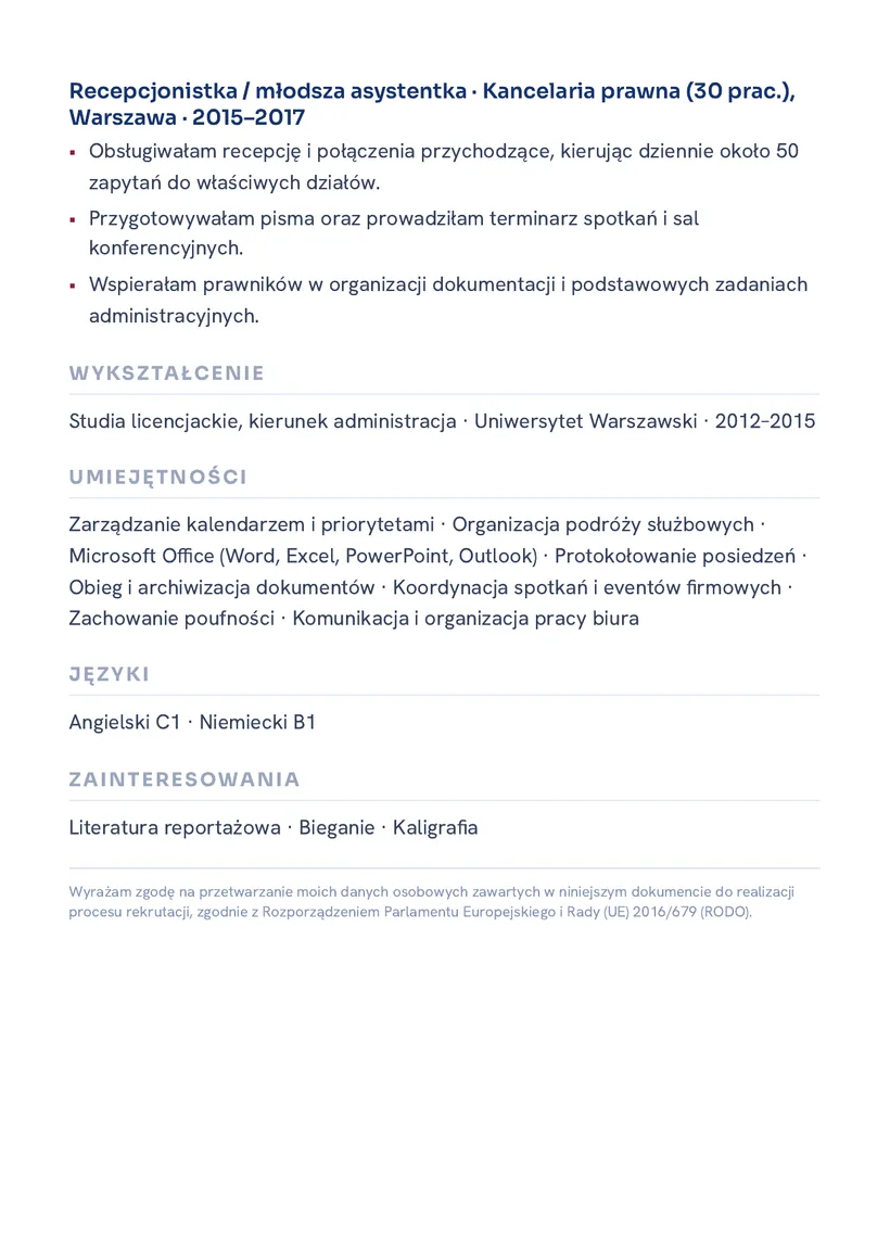 Wzór CV — Asystentka zarządu — strona 2