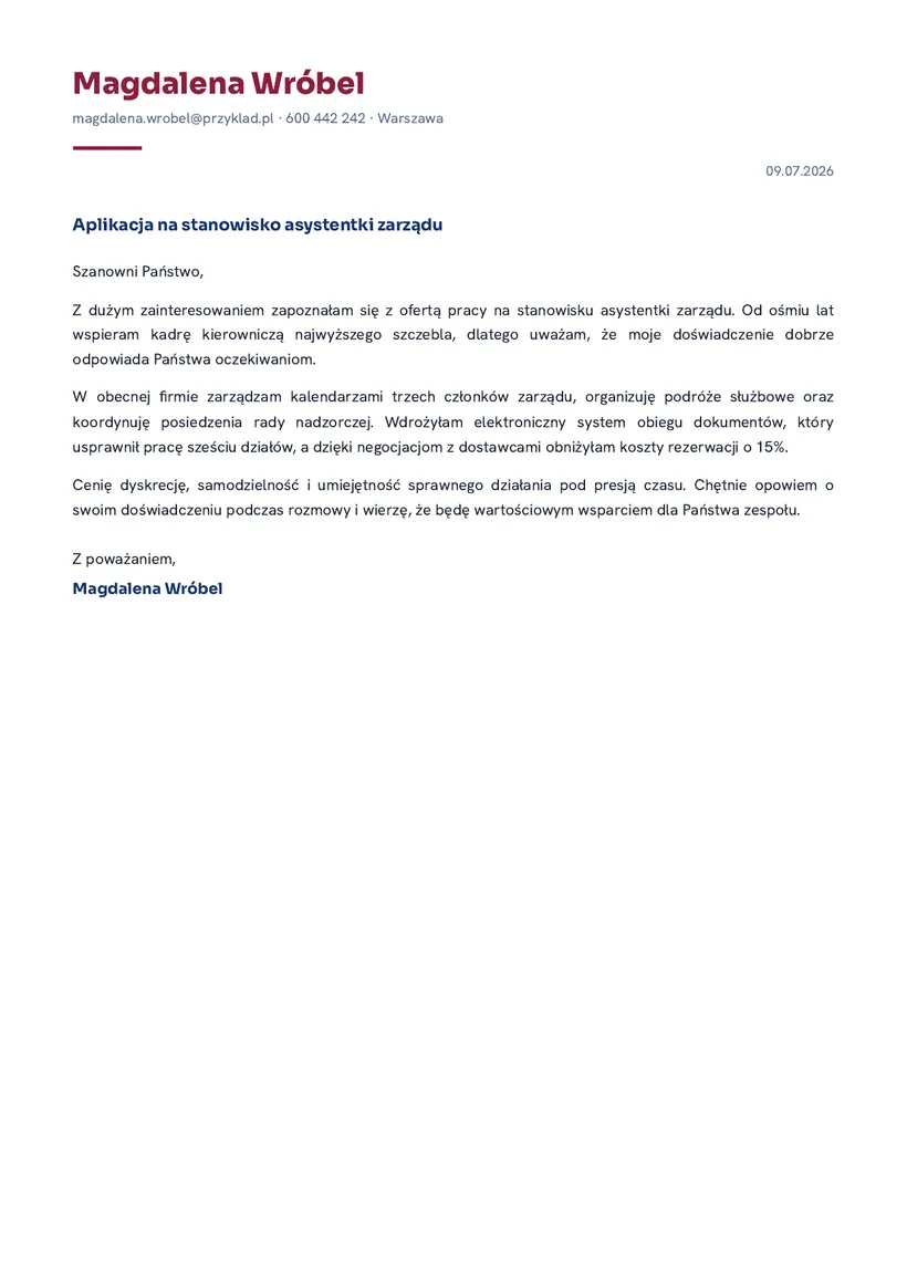 Wzór listu motywacyjnego — Asystentka zarządu