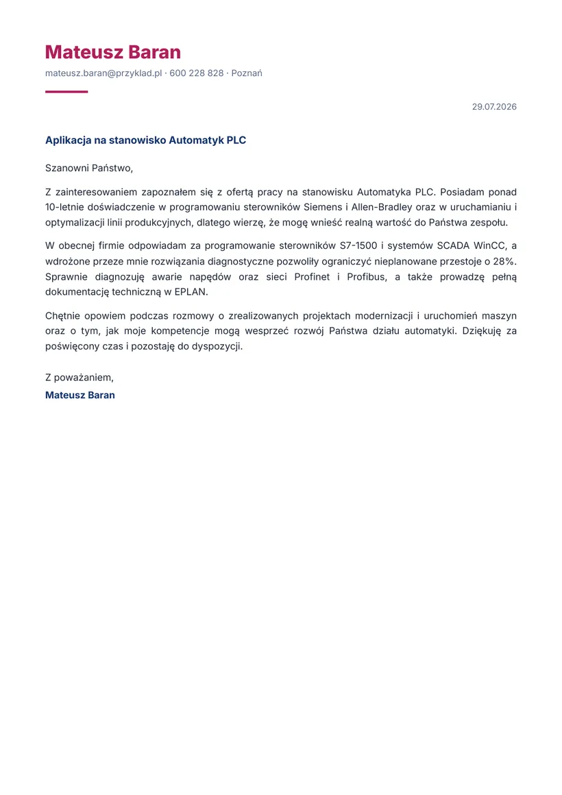 Wzór listu motywacyjnego — Automatyk (PLC)