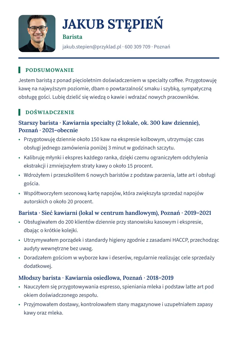 Wzór CV — Barista — strona 1