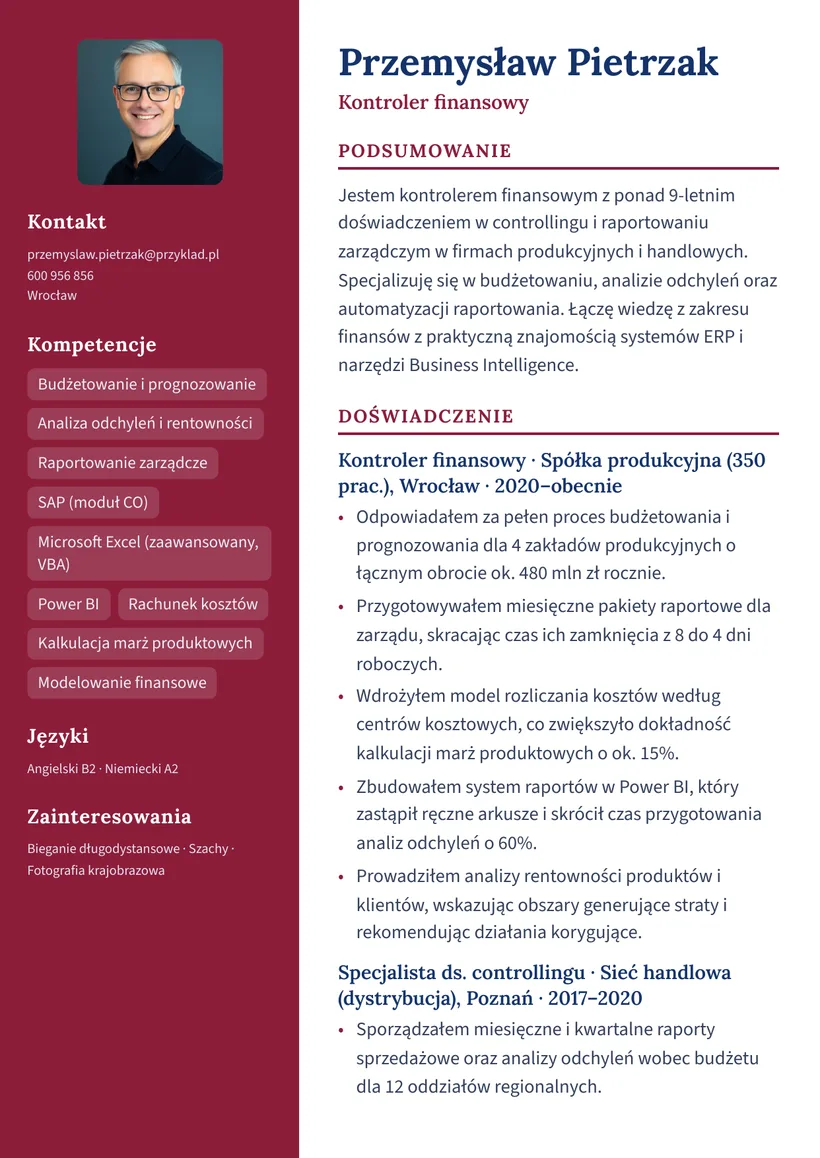 Wzór CV — Kontroler finansowy — strona 1