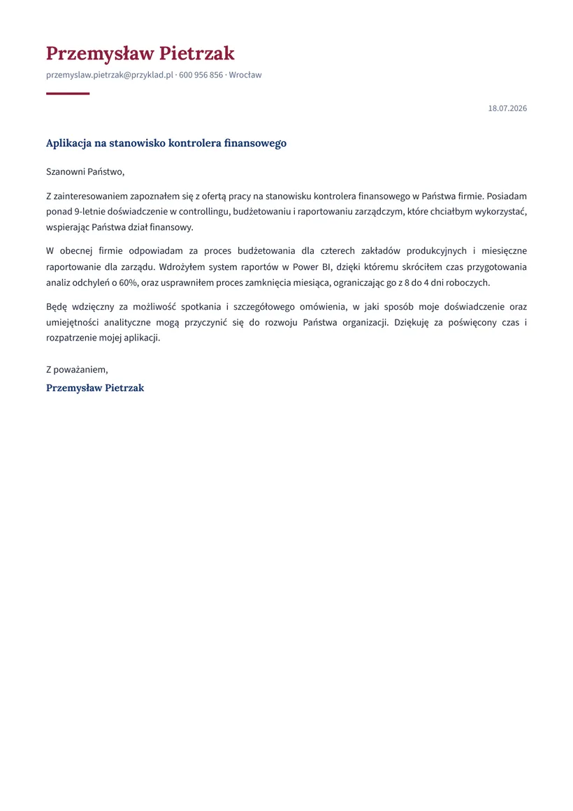 Wzór listu motywacyjnego — Kontroler finansowy