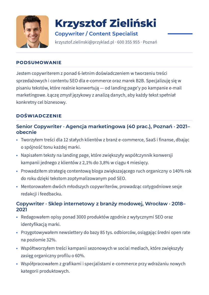 Wzór CV — Copywriter — strona 1