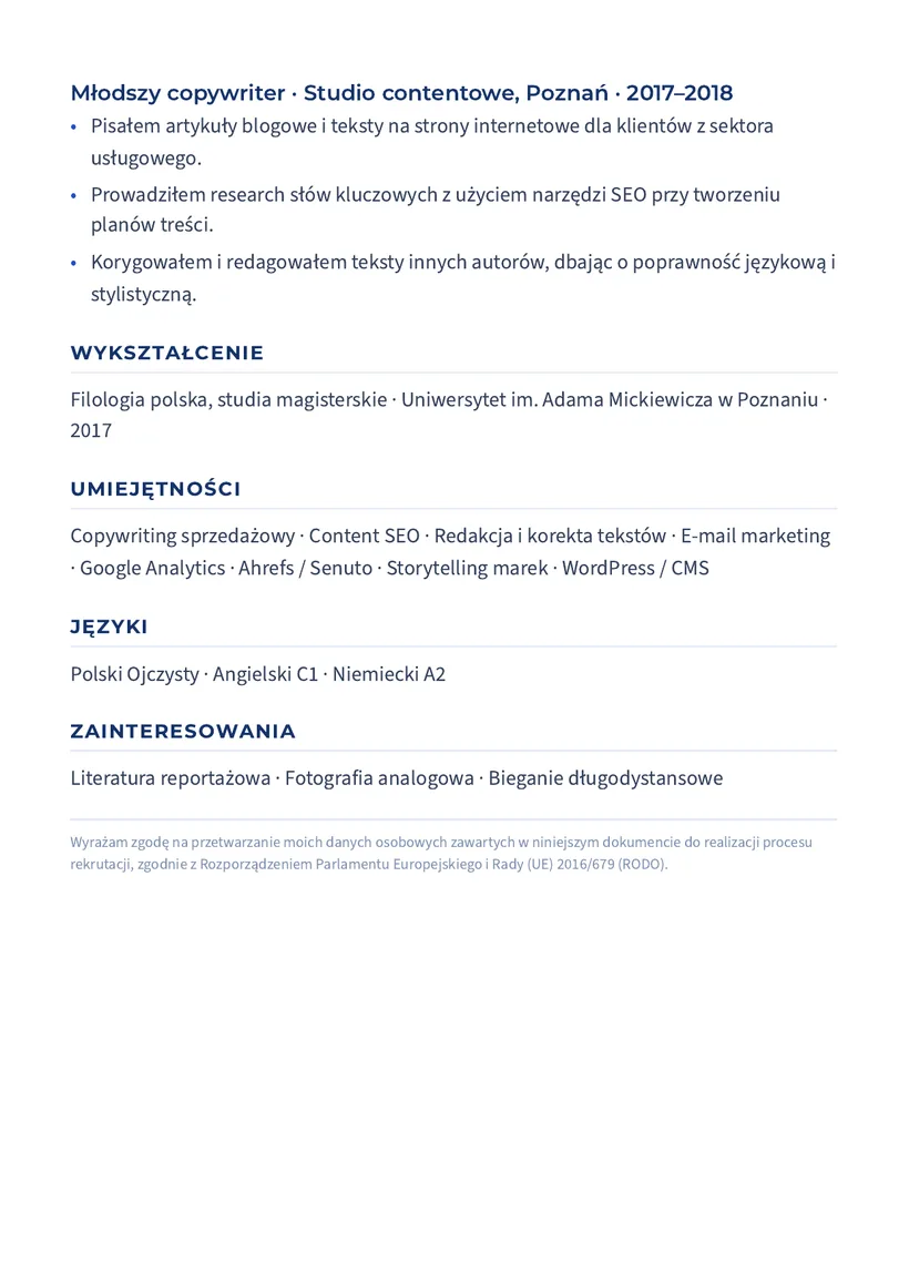 Wzór CV — Copywriter — strona 2