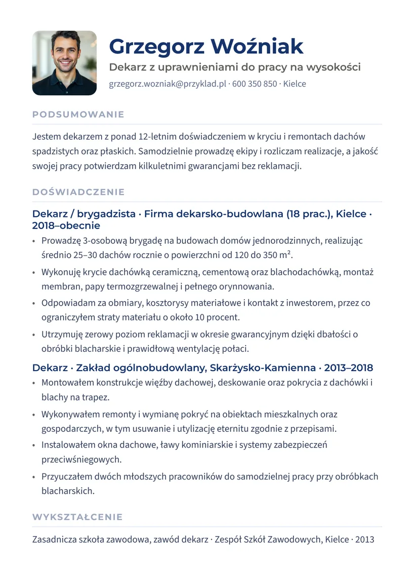 Wzór CV — Dekarz — strona 1
