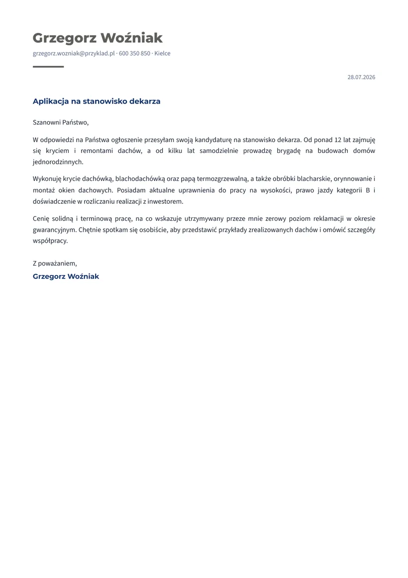 Wzór listu motywacyjnego — Dekarz