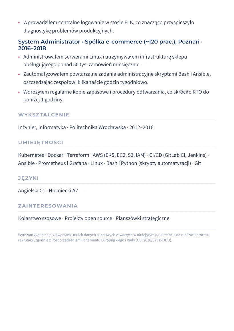 Wzór CV — DevOps Engineer — strona 2