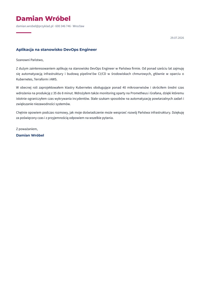 Wzór listu motywacyjnego — DevOps Engineer