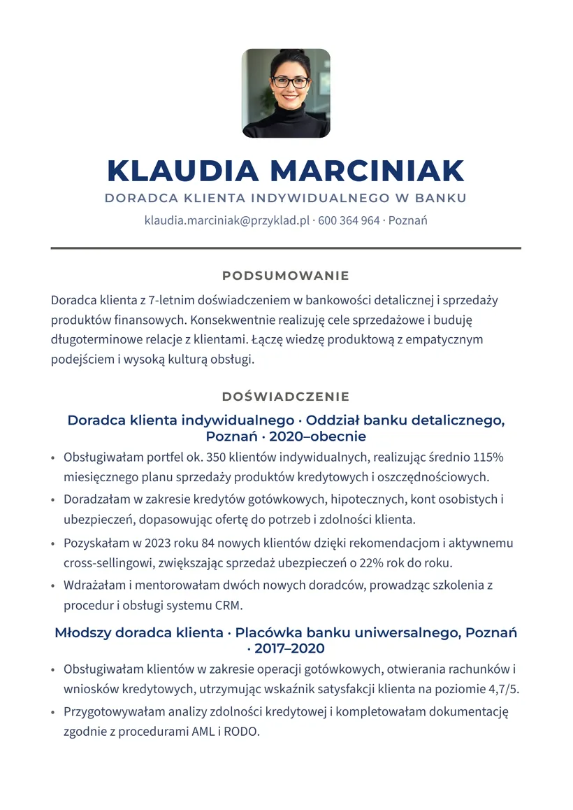 Wzór CV — Doradca klienta w banku — strona 1