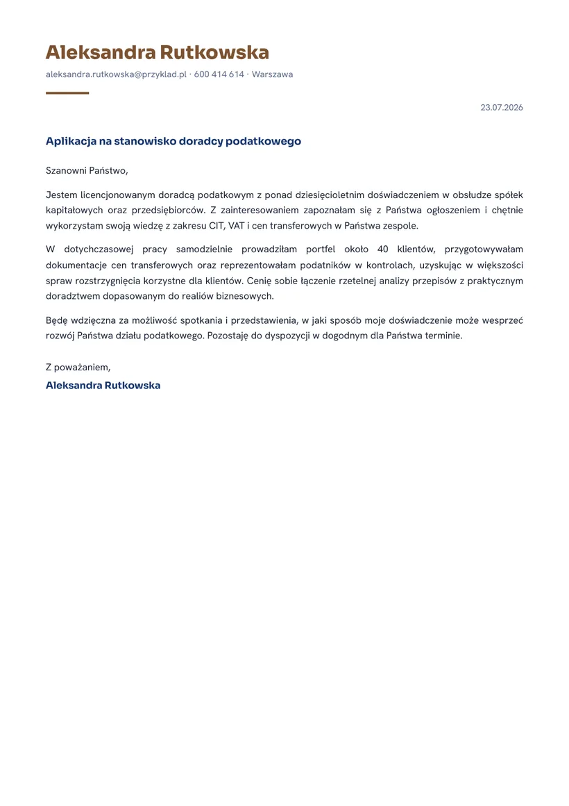Wzór listu motywacyjnego — Doradca podatkowy