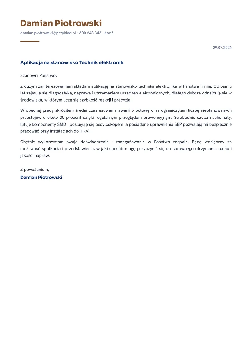 Wzór listu motywacyjnego — Technik elektronik