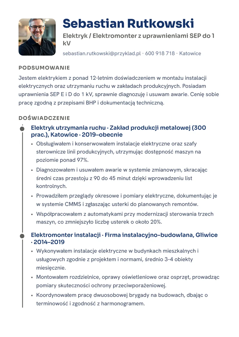 Wzór CV — Elektryk — strona 1