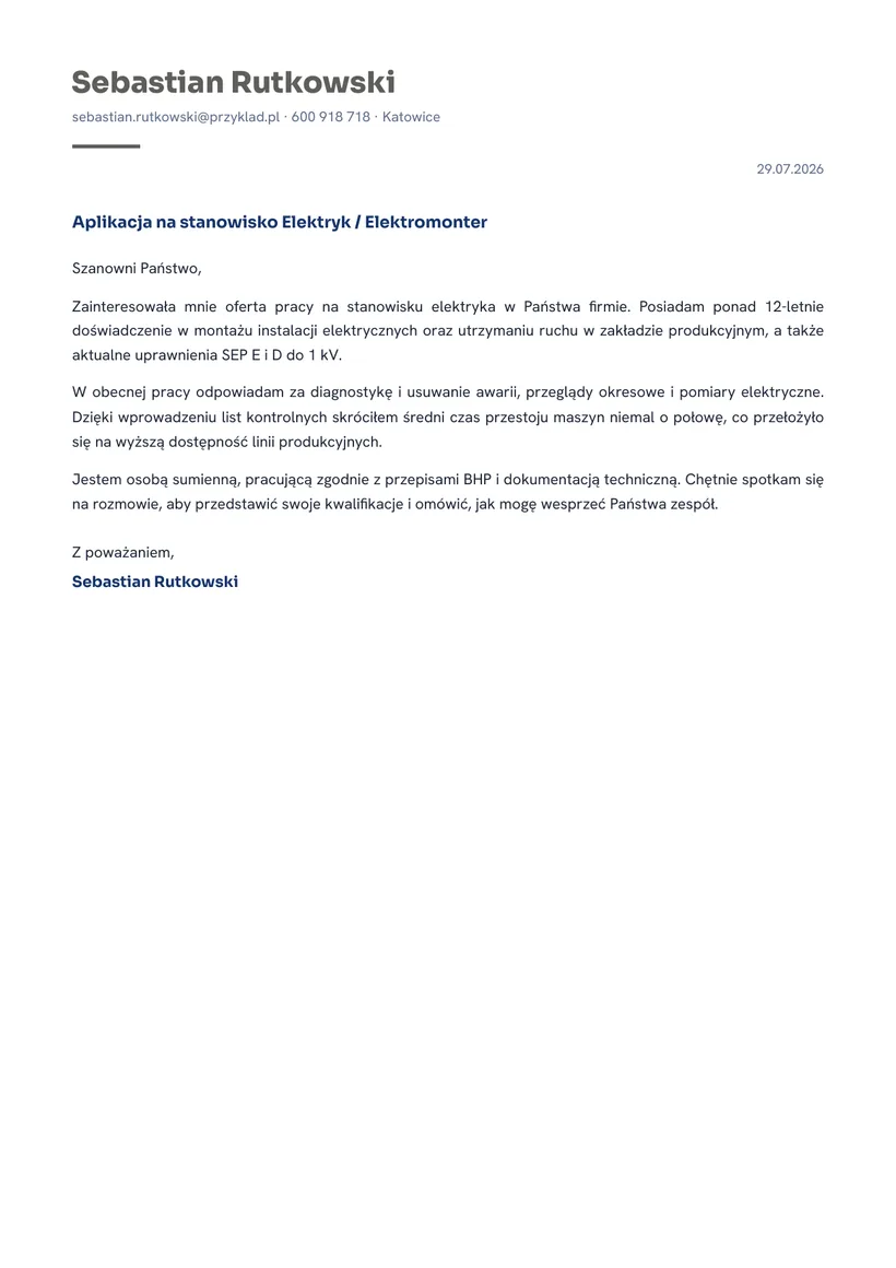 Wzór listu motywacyjnego — Elektryk