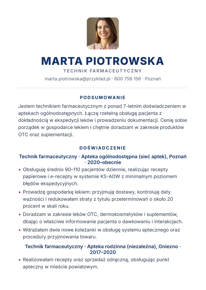 Wzór CV — Farmaceuta (technik farmaceutyczny) — strona 1
