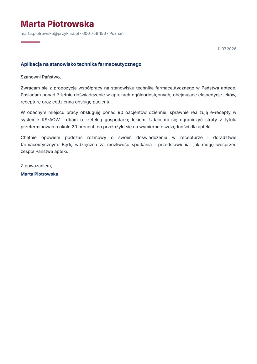 Wzór listu motywacyjnego — Farmaceuta (technik farmaceutyczny)