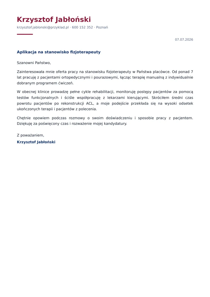 Wzór listu motywacyjnego — Fizjoterapeuta