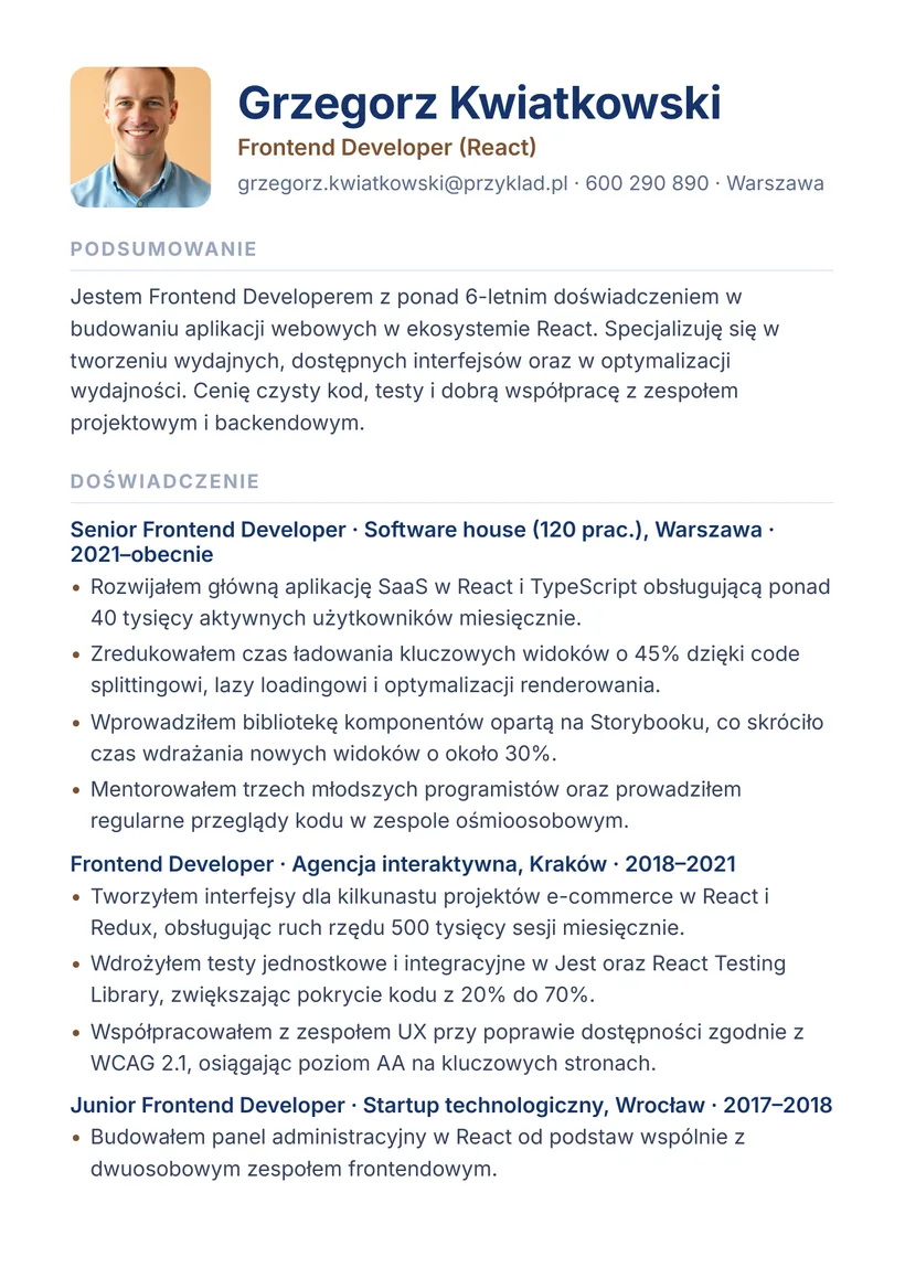 Wzór CV — Frontend Developer (React) — strona 1