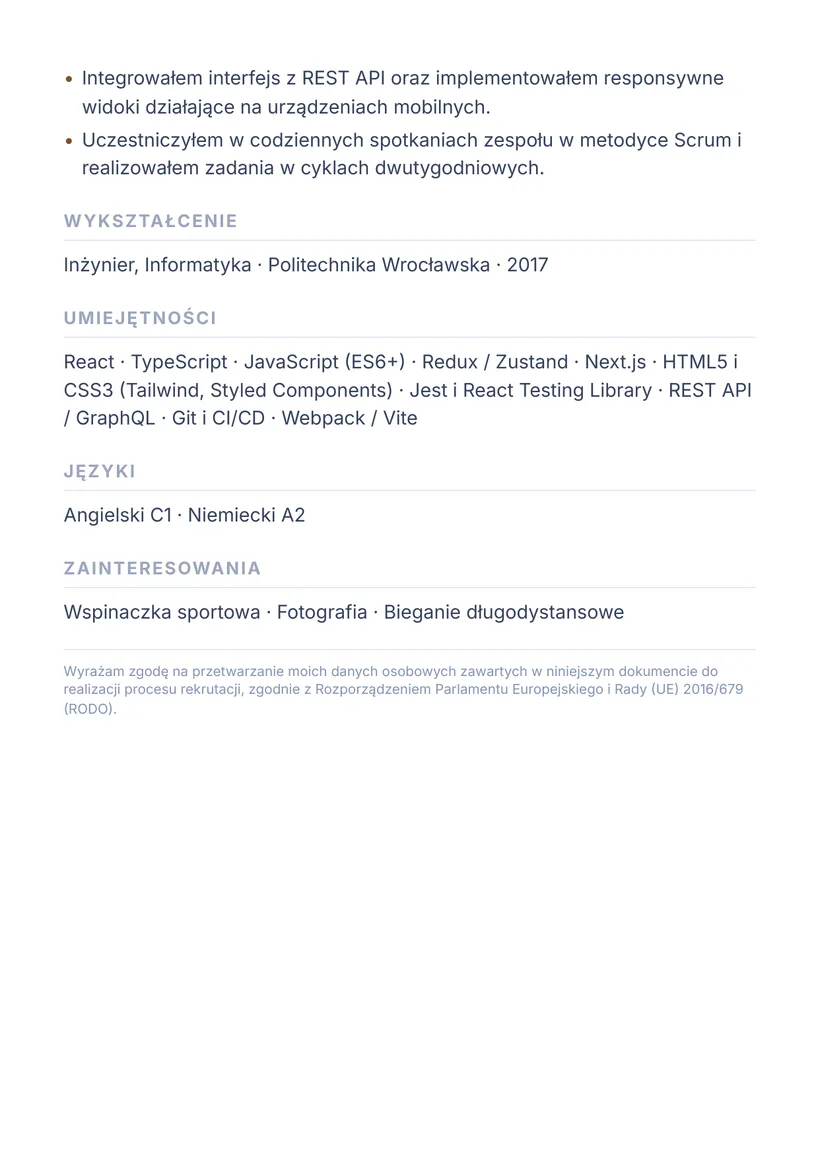 Wzór CV — Frontend Developer (React) — strona 2