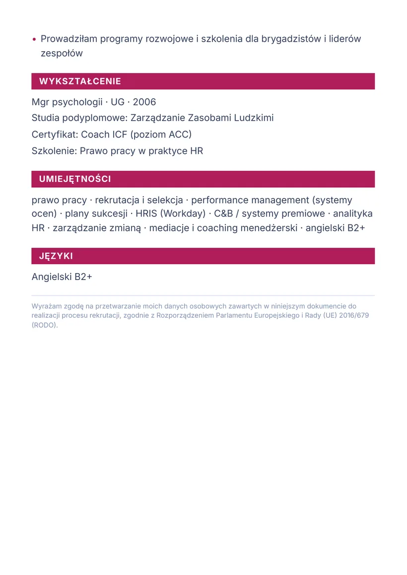 Wzór CV — HR Business Partner — strona 2