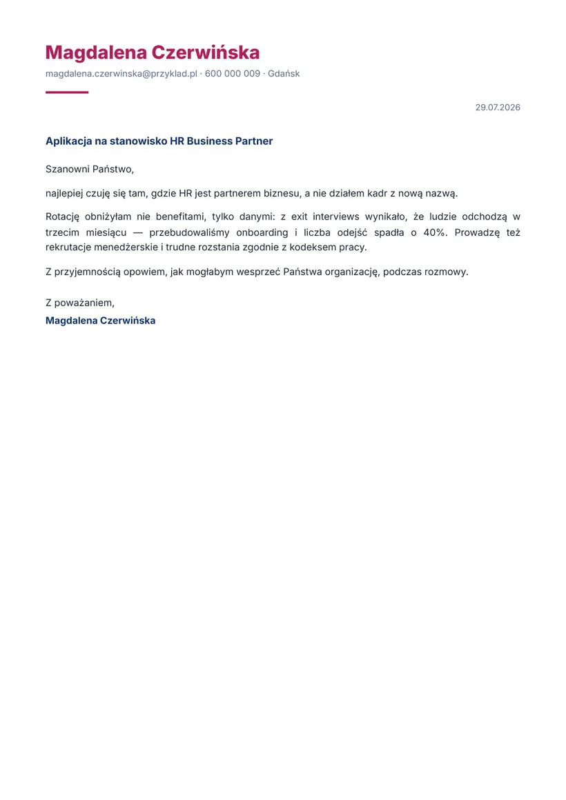 Wzór listu motywacyjnego — HR Business Partner