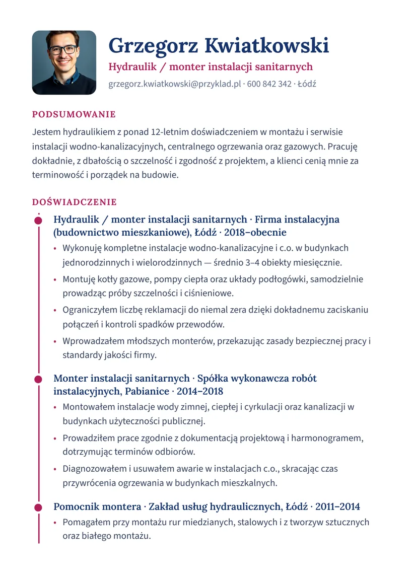 Wzór CV — Hydraulik / monter instalacji sanitarnych — strona 1