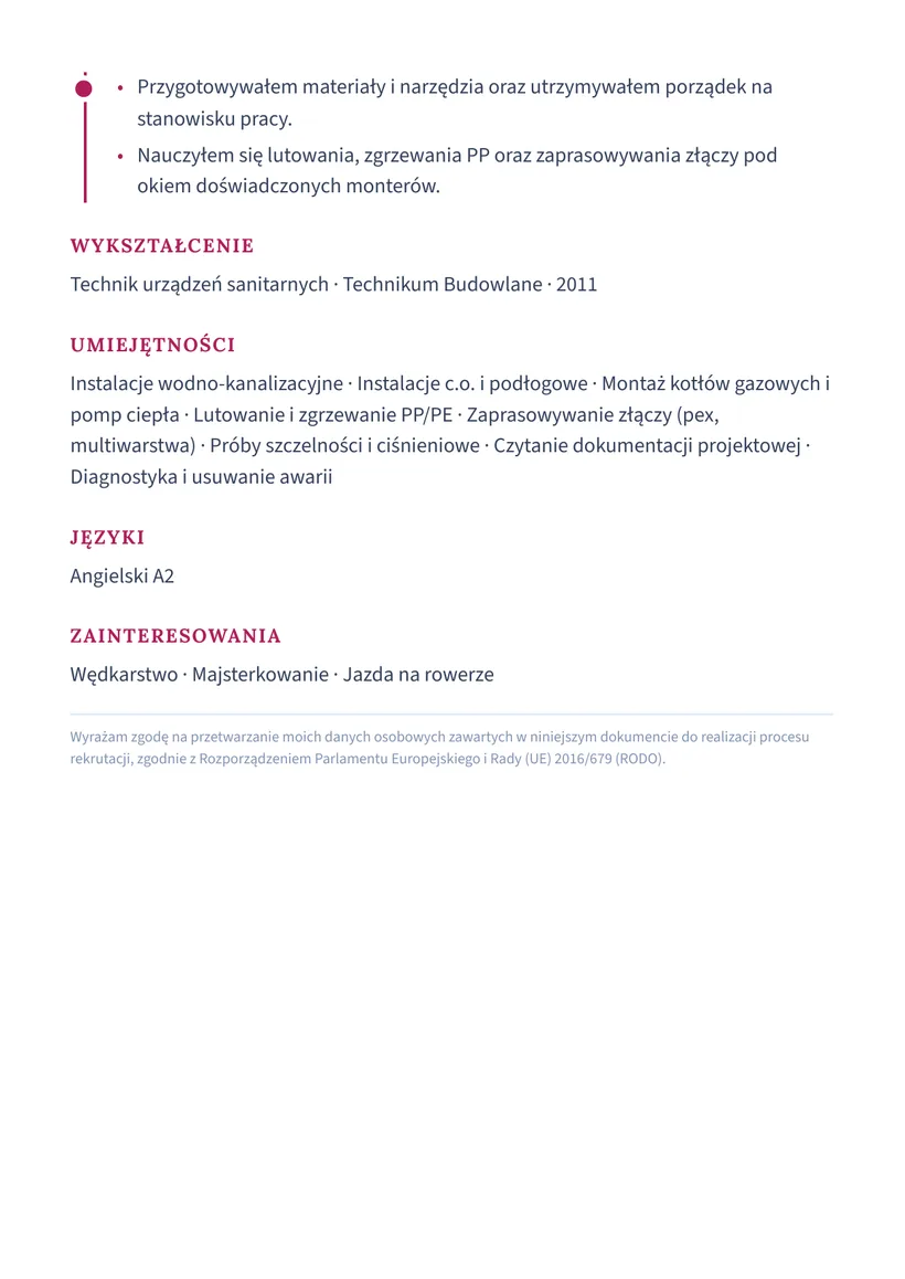Wzór CV — Hydraulik / monter instalacji sanitarnych — strona 2