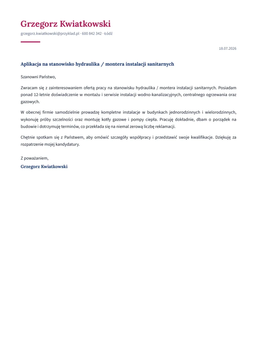 Wzór listu motywacyjnego — Hydraulik / monter instalacji sanitarnych