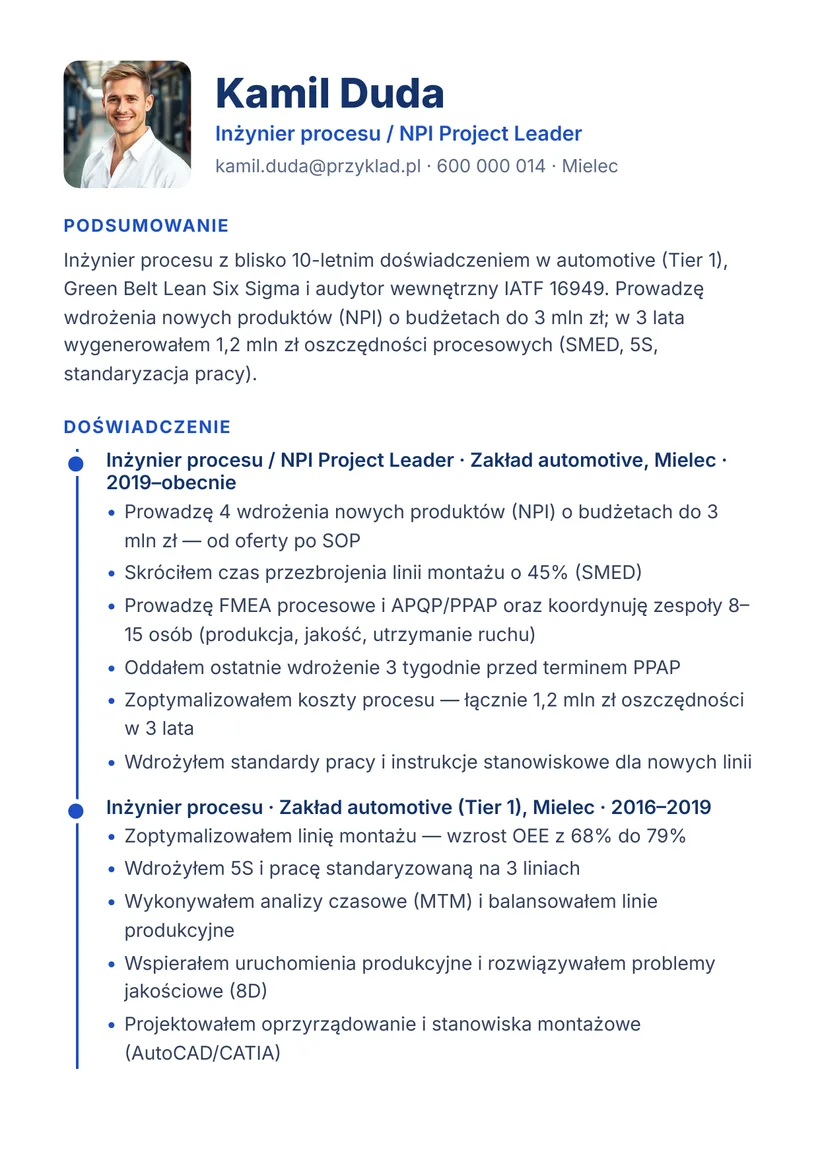 Wzór CV — Inżynier produkcji / PM — strona 1
