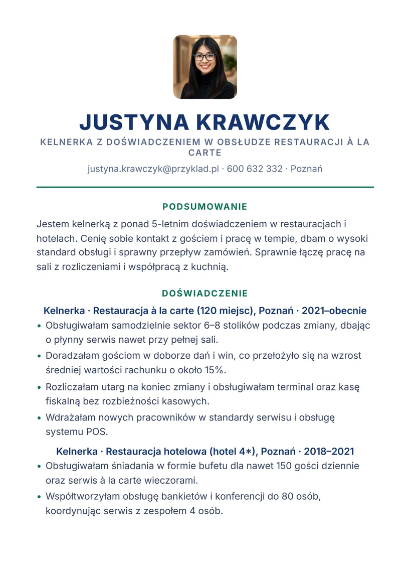 Wzór CV — Kelner / kelnerka — strona 1